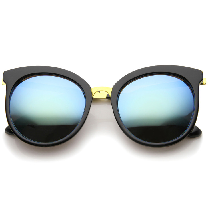 Womens Fashion Oversized  Mirrored Lens Round Cat Eye Sunglasses 56mm