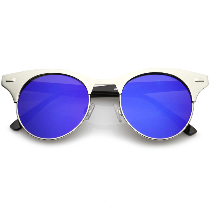 Women's Matte Finish Horn Rimmed Round Flat Mirror Lens Cat Eye Sunglasses 49mm