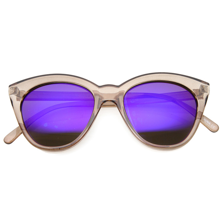 Women's Crystal Translucent Frame Flash Mirror Lens Round Cat Eye Sunglasses 52mm