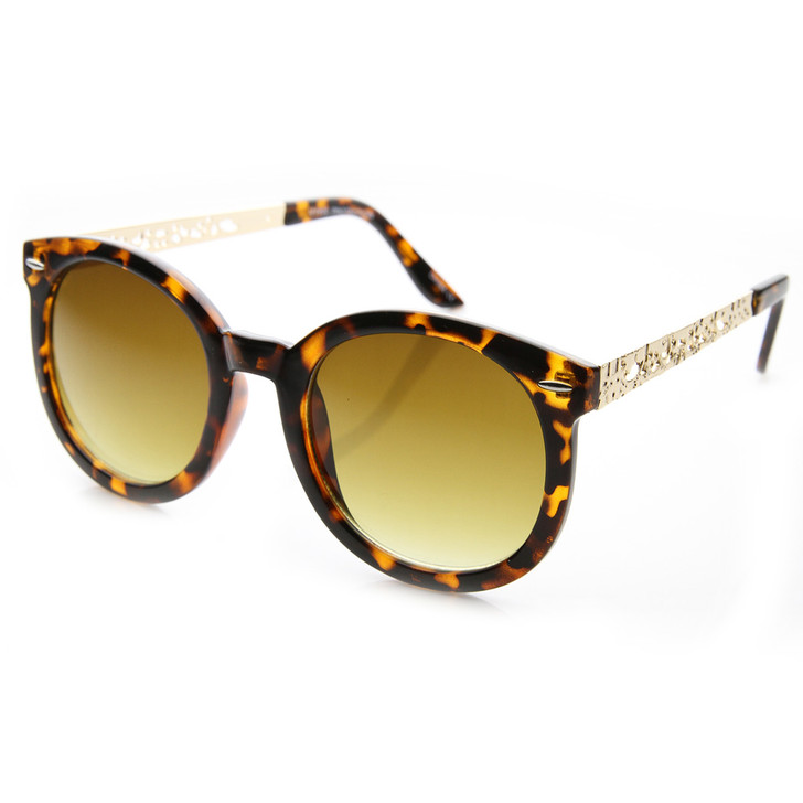 Womens Oversized Chic Metal Cut-Out Temple Round Cat Eye Sunglasses