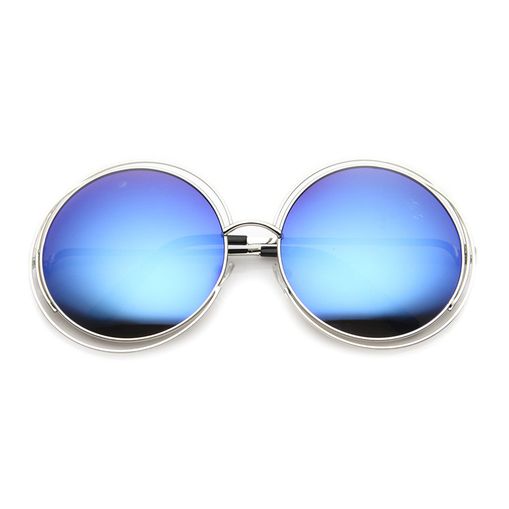 Womens Oversized Cut Out Flash Mirror Lens Fashion Round Sunglasses