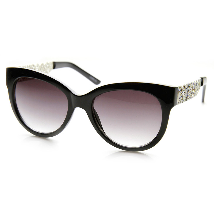 Womens Oversized Laser Cut Out Metal Temple Cateye Sunglasses