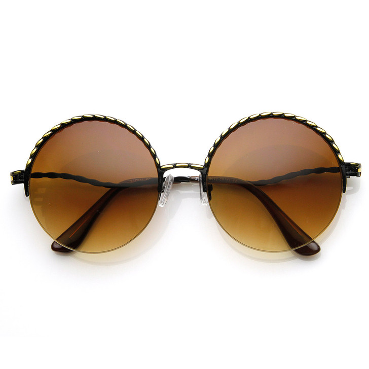Womens Oversized Semi Rimless Metal Round Sunglasses