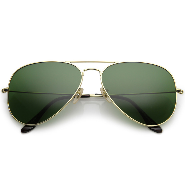 Premium Large Classic Matte Metal Aviator Sunglasses With Green Tinted Glass Lens 61mm