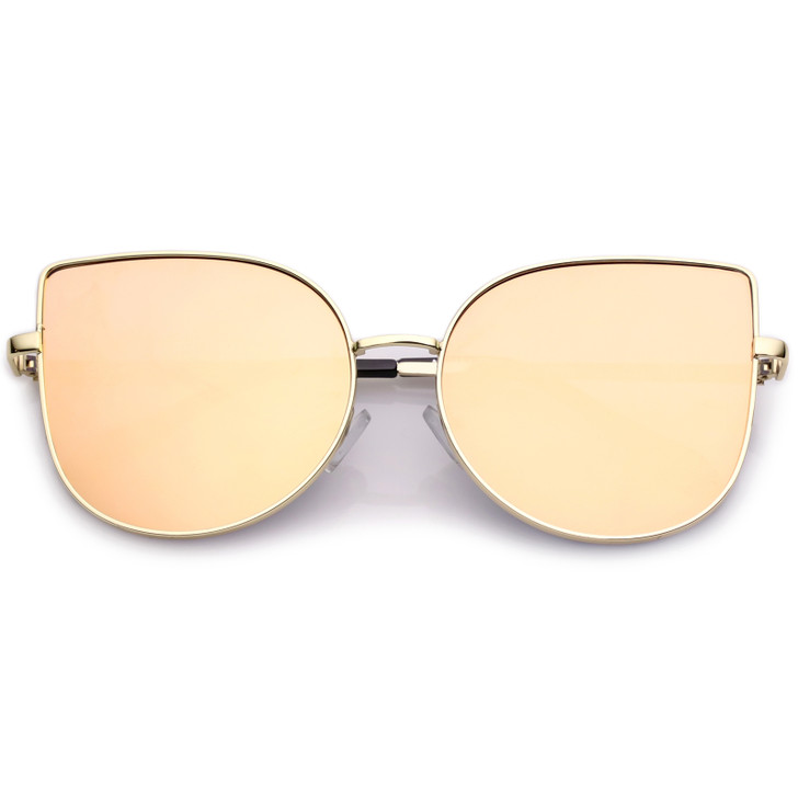 Women's Oversize Metal Cat Eye Sunglasses With Pink Mirror Flat Lens 58mm