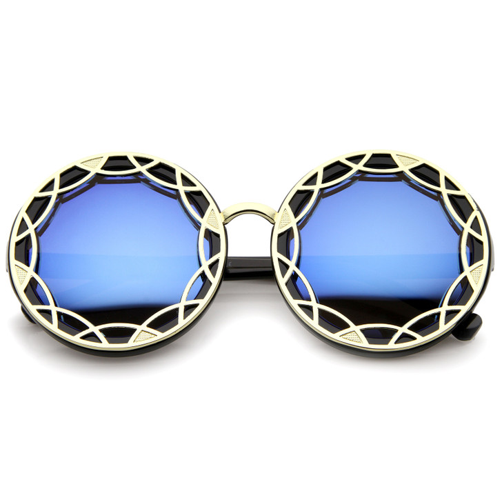 Women's Oversize Ornate Flat Pattern Color Mirror Lens Round Sunglasses 55mm