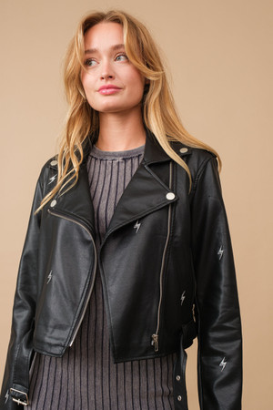 Lighting bolt vegan leather motto jacket 