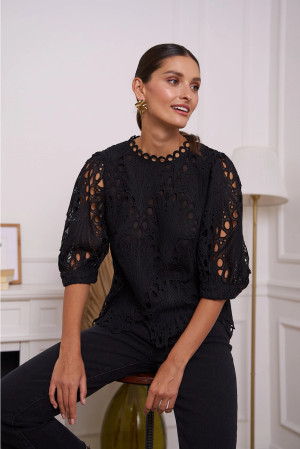 Daisy Guipure Lace Top Black