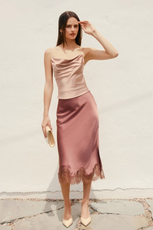 Rose satin lace midi skirt