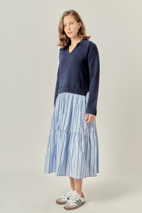 Mixed media sweater navy cotton dress