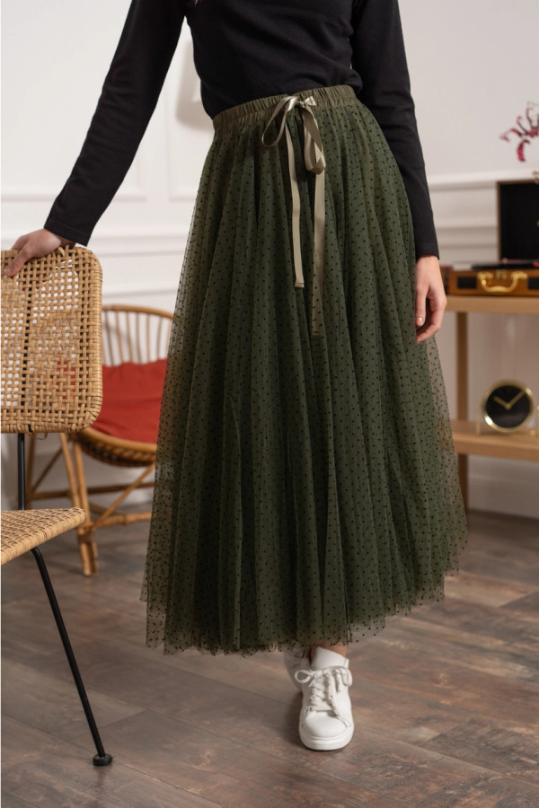 Parisian dotted olive tulle skirt