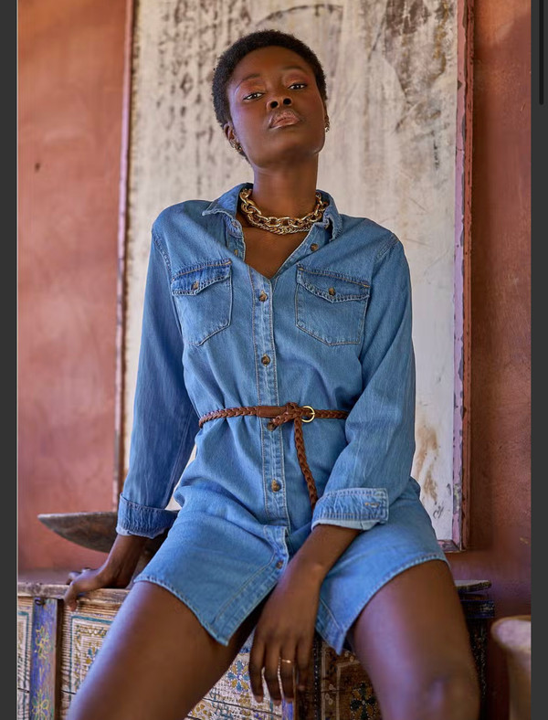 Cotton chambray denim shirt dress