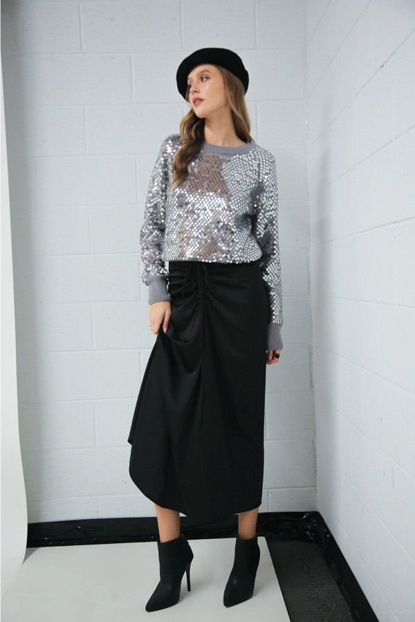 Black ruched maxi skirt