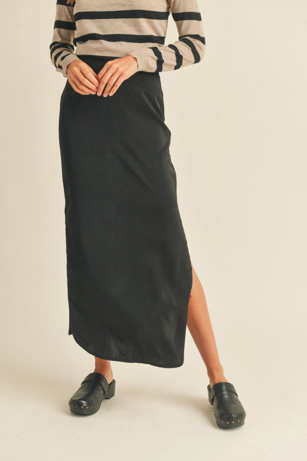 Satin Side Slit Skirt - Black 