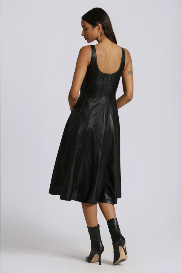 Faux-Ever Leather Fit-And-Flare Midi Dress