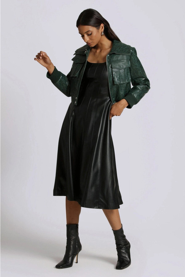 Faux-Ever Leather Fit-And-Flare Midi Dress