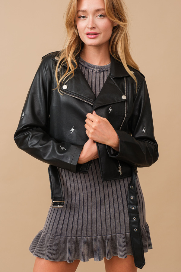 Lighting bolt vegan leather motto jacket 