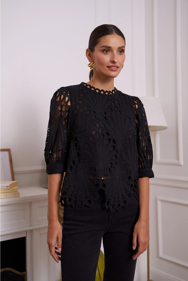 Daisy Guipure Lace Top Black