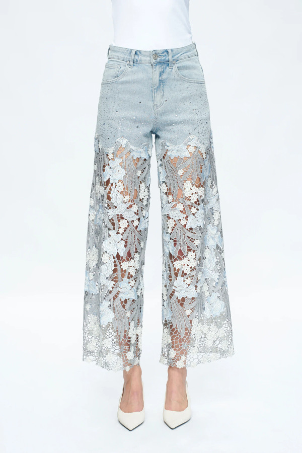 Blue lace stretch denim jeans