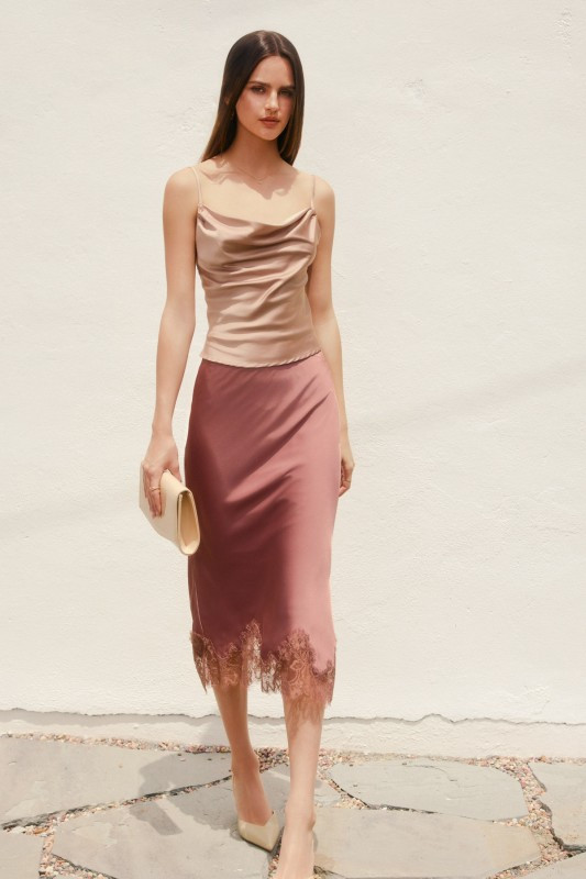 Rose satin lace midi skirt