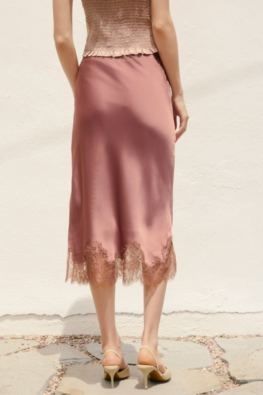 Rose satin lace midi skirt