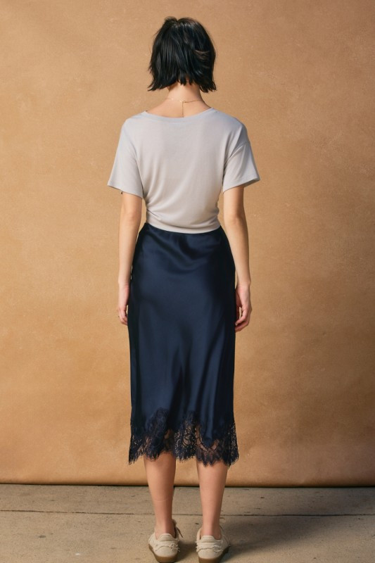 Navy satin lace midi skirt