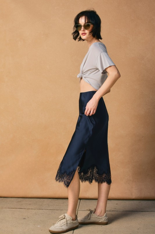 Navy satin lace midi skirt