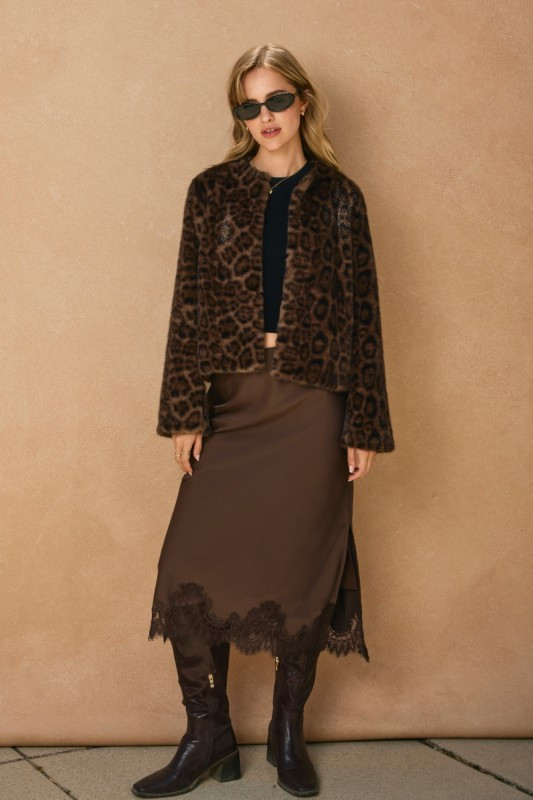 Brown  satin lace midi skirt