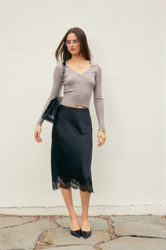 Black satin lace midi skirt