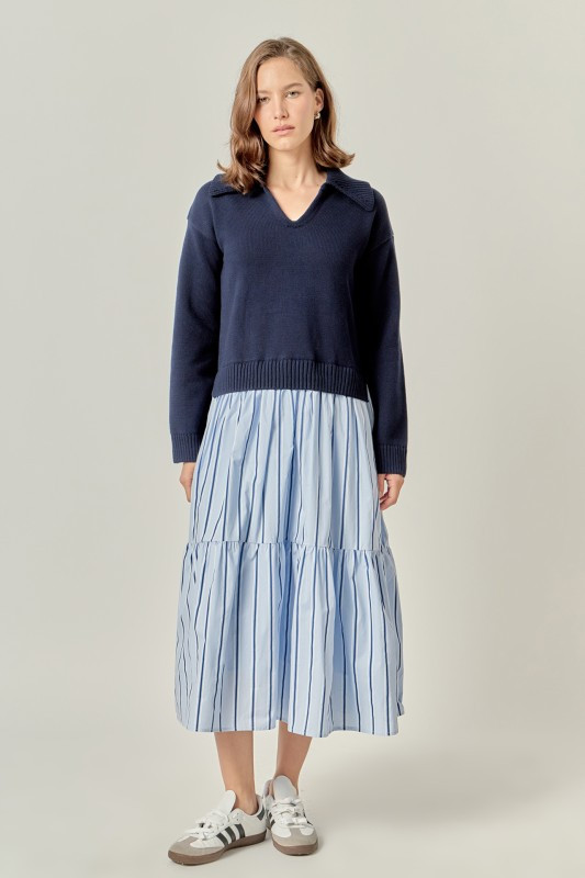 Mixed media sweater navy cotton dress