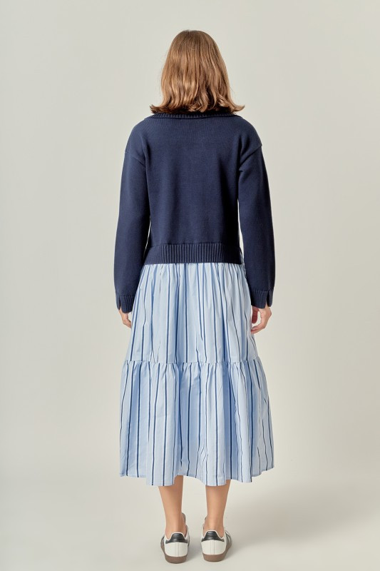 Mixed media sweater navy cotton dress