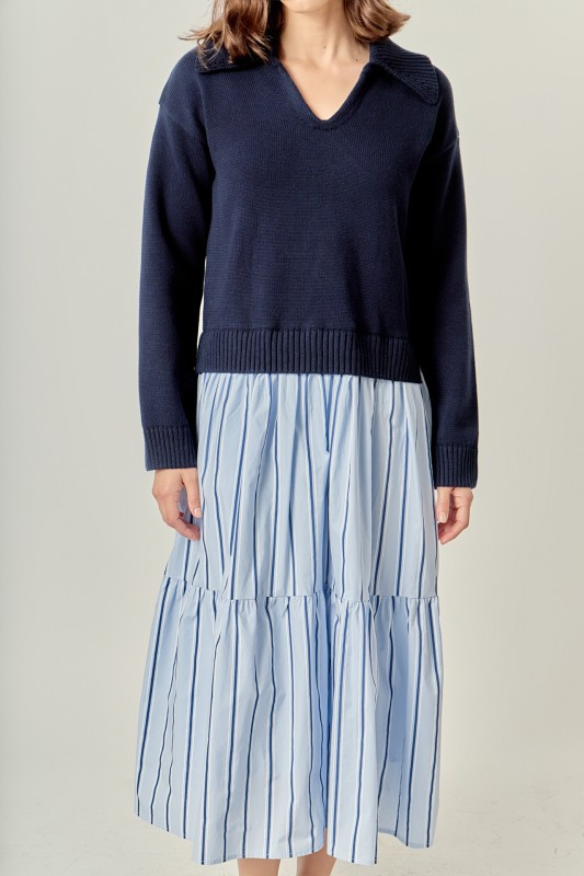 Mixed media sweater navy cotton dress