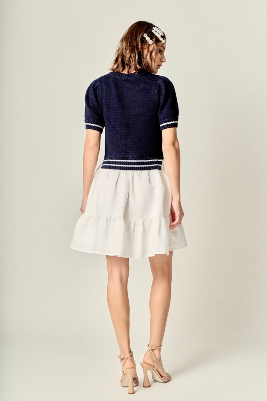 Mixed media sweater navy cotton mini dress