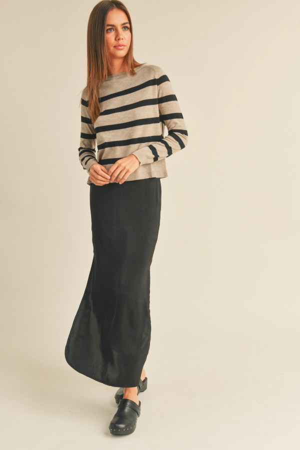 Satin Side Slit Skirt - Black 