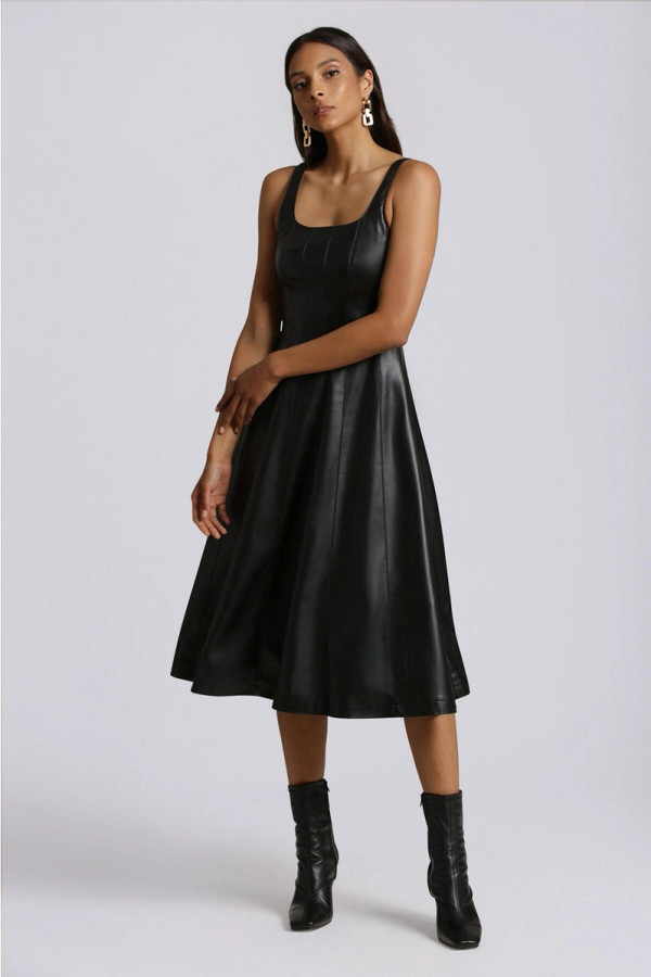 Faux-Ever Leather Fit-And-Flare Midi Dress
