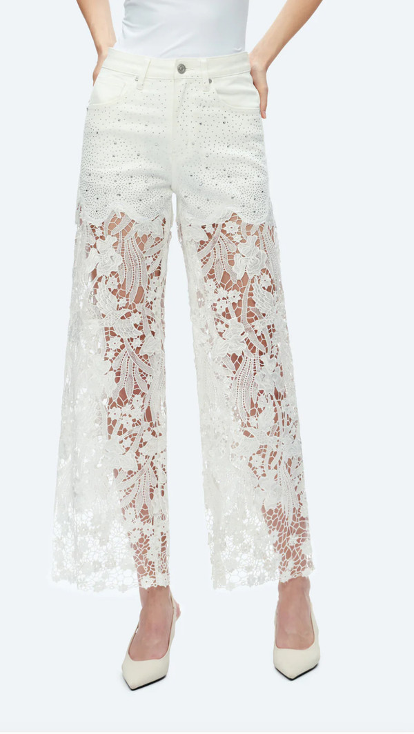 White lace stretch denim jeans