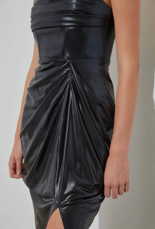 Liquid leather strapless ruched dress