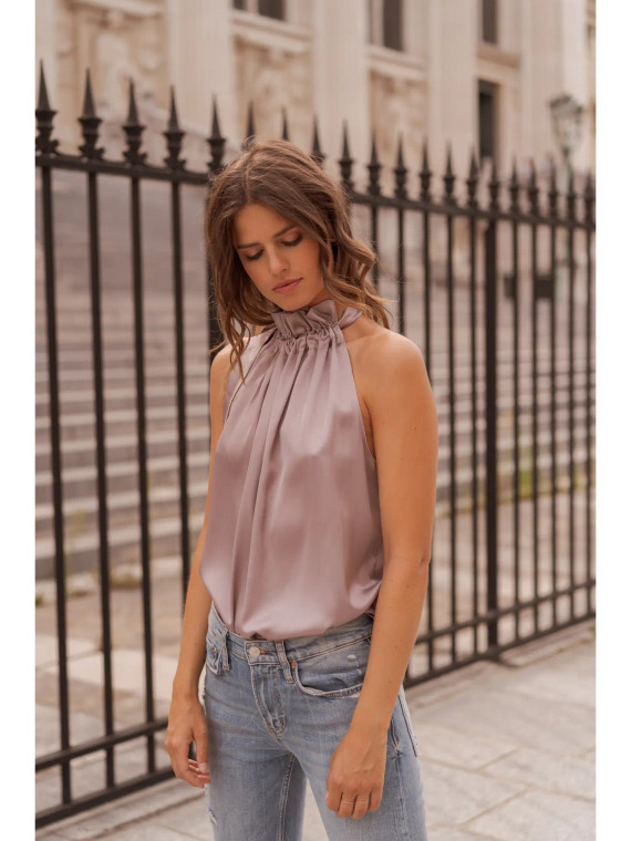 Satin neck tie top blush