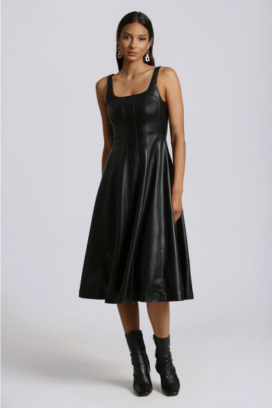 Faux-Ever Leather Fit-And-Flare Midi Dress - Goldenbar Faux-Ever Leather Fit-And-Flare Midi Dress - Goldenbar
