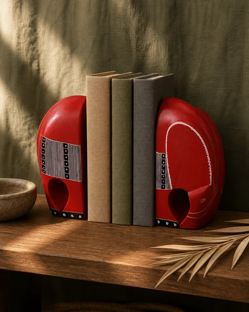 Red Kisii Elephant Bookends with Tribal Patterns - Bookends