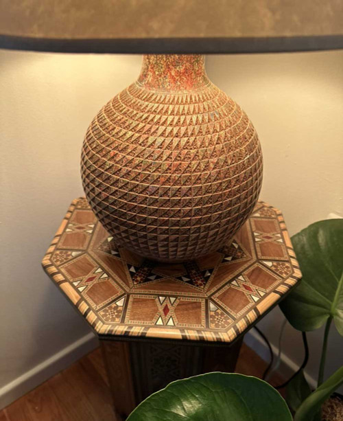 Fairtrade Round Ceramic Table Lamp with Geometric Etching, Nicaragua