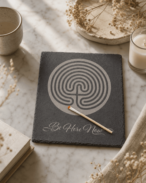 Slate Labyrinth Meditation Board – “Be Here Now” Design with Brush (10" x 11.25") - Decorative Trays