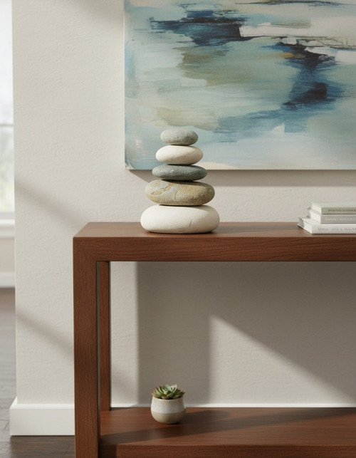 Quintuple Stone Cairn Sculpture — 7.5 Inch Natural Rock Stack Decor - Statues & Accents
