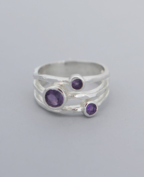 Amethyst Triple Gemstone Ring, Sterling Silver - Rings Size 6