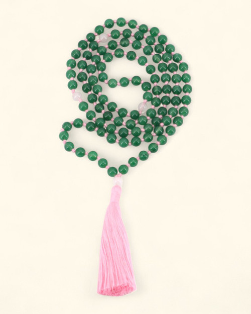 Green Aventurine 108 Beads Meditation Mala with Rose Quartz Counter Beads, Knotted - Prayer Beads
