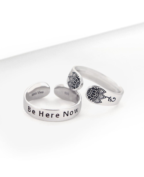 Be Here Now Adjustable Inspirational Sterling Silver Ring - Rings