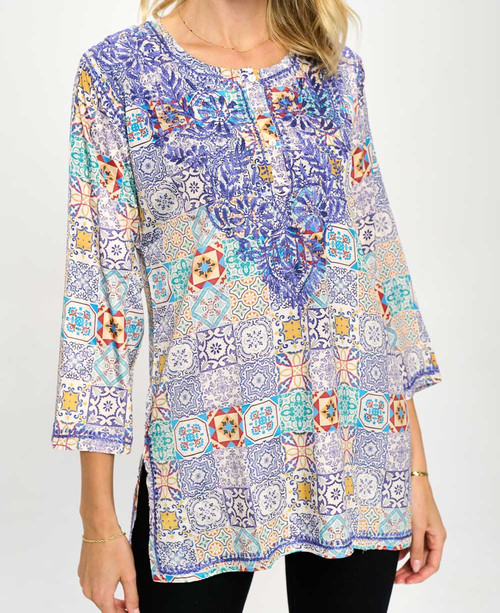 Geometric Print Embroidered Tunic - Shirts & Tops S