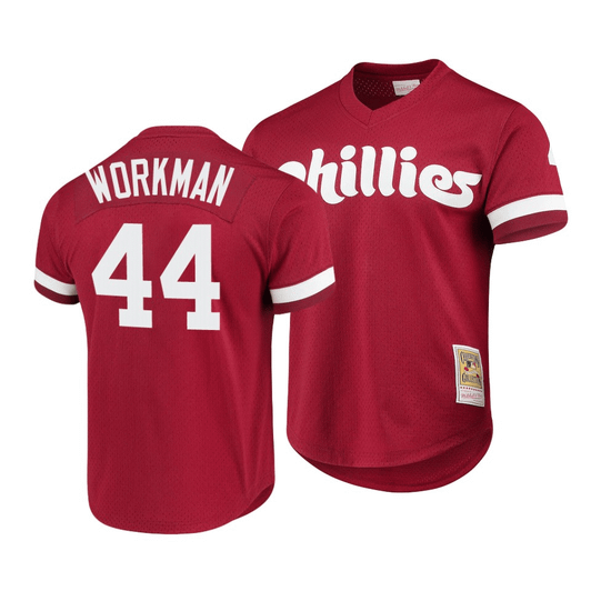 Men'S Philadelphia Phillies Brandon Workman #44 Cooperstown Collection Mesh Batting Practice Jersey Scarlet