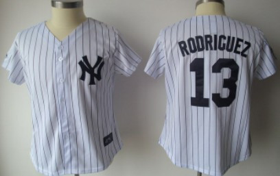 New York Yankees #13 Womens Rodriguez Black Pinstripe Limited Jersey - White