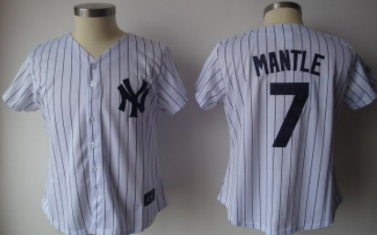 New York Yankees #7 Womens Mantle Black Pinstripe Limited Jersey - White